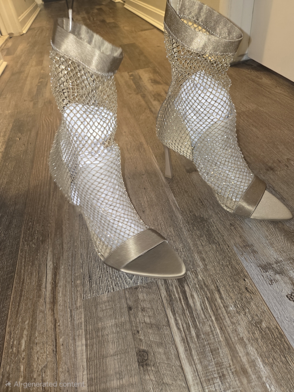 Zara Metallic Gold Mesh Rhinestone Open Toe High Heel Booties - Picture 2 of 5